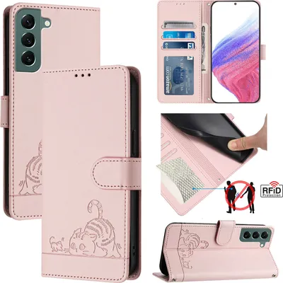 Produktbild von Leder Hülle für Samsung Galaxy S22+ 5G Süße Katze Flip Case Brieftasche Schutzhülle mit Standfunktion Pink