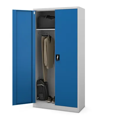 An open metal cabinet with clothes and a backpack inside, shown against a white background.