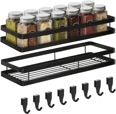 Obrázek produktu pro Stojan na koření, bez nutnosti vrtání, 2 úrovně, kovová kuchyňská police s 8 háčky, černá, 35x12x5,7 cm, do kuchyně, koupelny, na balkon