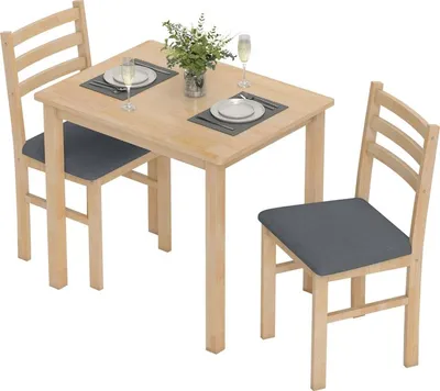 Image de Ensemble de salle à manger 3 pièces comprenant 2 chaises, table de cuisine pour petits espaces, chaises rembourrées, peu encombrant, MDF, bois naturel