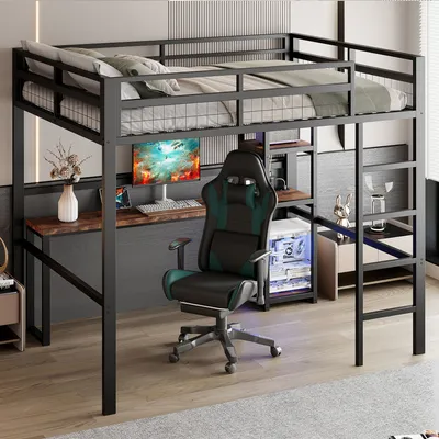 Produktbild von Flieks Etagenbett 140x200cm mit Schreibtisch, Hochbett mit Ladefunktion, Jugendbett Kinderbett mit Rausfallschutz, Metallbett Doppelbett Schwarz