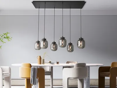 Produktbild von LED Pendelleuchte mehrflammig mit 6 Rauchglas Glaskugeln, Breite 115cm