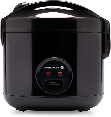 A black electric rice cooker is shown from the front.