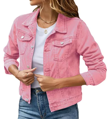 Image de Veste en jean pour femmes - Boutons classiques et manches longues - Rose