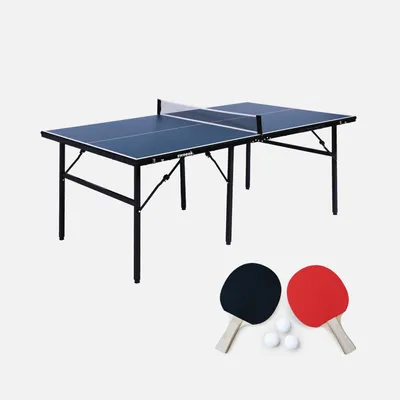 A table tennis table with paddles and balls on a white background.