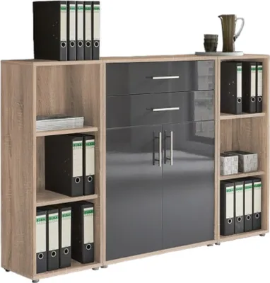 Produktbild von Aktenschrank TABOR 13 in Eiche Sonoma / anthrazit Hochglanz, Schrankwand, Büroschrank, abschließbar, Metallgriffe