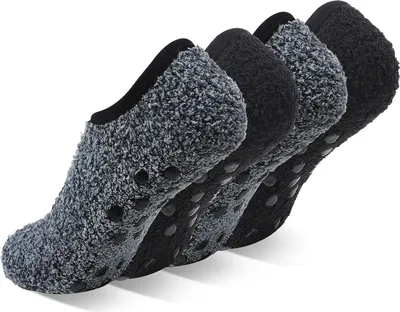 Produktbild von 4 Paar Stoppersocken für Damen Herren, Hüttensocken Haussocken Hausschuhsocken Wärmesocken Wintersocken Antirutschsocken Flauschige Socken, Socken mit Noppen Schwarz,Grau