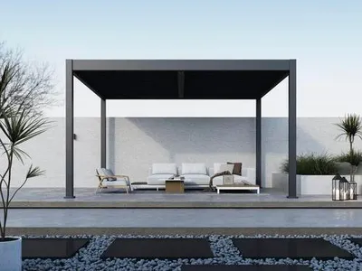 Zdjęcie produktu dla Zewnętrzna pergola / pawilon Paragon z dachem z listew "Tuscan 1214" antracyt 370 x 433 x 265 cm (dł. x szer. x wys.)