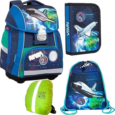 Produktbild von Schulranzen-set NASA USA Weltraum Ranzen Schulranzen Kinderrucksack, Federmappe, Schuhbeutel, Regenschutz Motivdruck NASA 4-teilig