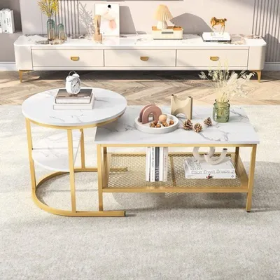 Image de Table basse - lot de 2 - aspect marbre avec structure métallique - design moderne