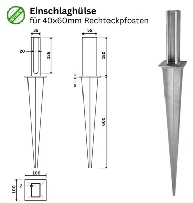 Produktbild von Einschlaghülse für Zaunpfosten 40 x 60 mm verzinkt
