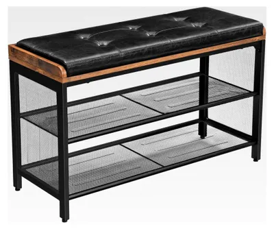 Produktbild von Schuhbank, gepolsterte Sitzbank mit Gitterablage, Schuhregal, 80 x 30 x 48 cm, Flur, Schlafzimmer, Metall, platzsparend, Industrie-Design, Kunstleder, vintagebraun-schwarz