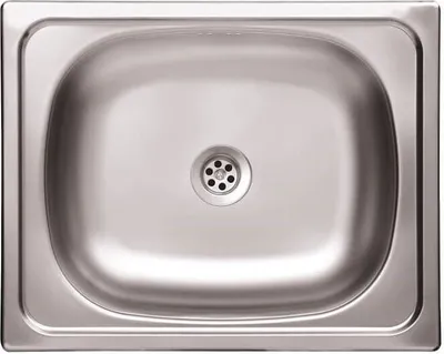 A top-down view of a stainless steel kitchen sink with a drain in the center.