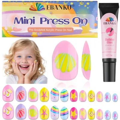 Productafbeelding van Kunstnagels voor kinderen, 24 stuks met sterren en rode hartjes, korte set valse nagels voor meisjes