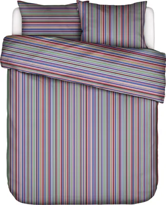 A top-down view of a striped duvet cover and pillow set.