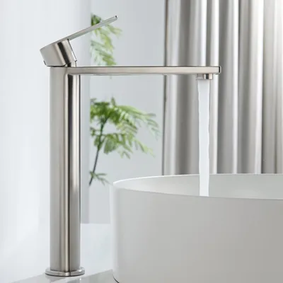 Produktbild von Hohe Waschtischarmatur Edelstahl Gebürstet, Bleifrei Kalt Warm, Cecipa MAX, Badarmatur für Aufsatzwaschbecken,Wasserhahn Bad,Waschbeckenarmatur Silber