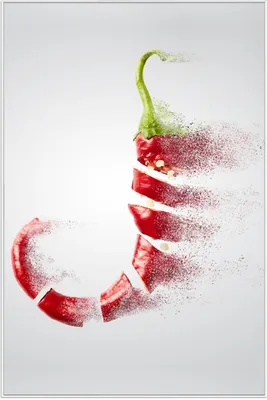 Produktbild von Wallario Wandbild Chilischote löst sich in Pulver auf, Größe: 61 x 91,50 cm, Poster mit weißem Aluminiumrahmen