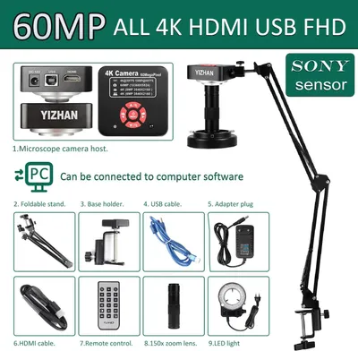 Obrázek produktu pro Digitální videomikroskop pro pájení a kontrolu desek plošných spojů – 4K 60 MP HDMI a USB – 1–150× zvětšení – monokulární – hliníková slitina – šedá barva