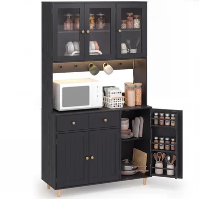 Zdjęcie produktu dla Szafka kuchenna BEALIFE, 98x38x180 cm, z listwą LED, gniazdkiem elektrycznym i witryną z akrylu | Czarno-biała, model AP136