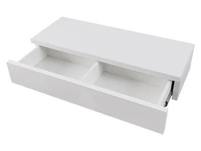 A white, high-gloss console table with one drawer pulled out, revealing two compartments inside.