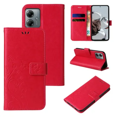 A collage of images showing a red floral flip phone case from multiple angles.