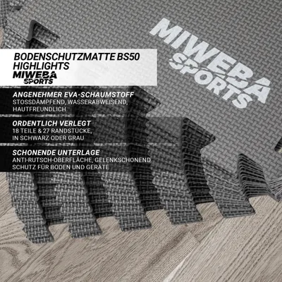 Produktbild von Miweba Sports BS50 Bodenschutzmatte aus EVA-Schaumstoff, Grau, 18er Set (je 34x34x1 cm), rutschfest, geräuschdämpfend, Fitness Puzzlematte