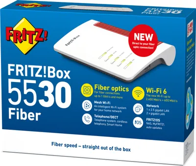 Produktbild von Box 5530 Fiber Edition Internation, Wi-Fi 6 (802.11ax), Dual-Band (2,4 GHz/5 GHz), Weiß, Tabletop-Router