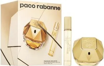 A gift set of Paco Rabanne Lady Million perfume, including a full-size bottle and a travel-size rollerball, presented in its original packaging.