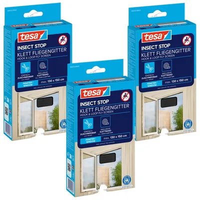 Produktbild von TESA Moskitonetz für Fenster, Fenstergitter, Klettband, schwarz, 1,3 x 1,5 m x 3
