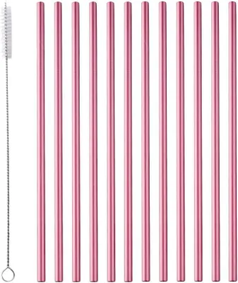 Productafbeelding van Roestvrijstalen rietjes herbruikbare metalen rietjes roze 12 recht met 1 reinigingsborstel