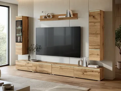 Produktbild von MINIO go for it, VEVE XXL, Wohnwand 300 cm, LED, TV-Lowboard, Wandregal, grifflose Fronten, hängend oder stehend, Wotan Eiche Farbe