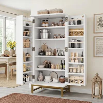 Image de Armoires de cuisine de 130 cm avec étagères réglables, placards de rangement, buffet de 60x40x130 cm, blanc et or