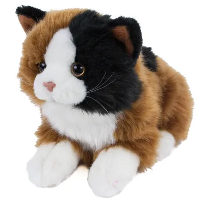 A plush toy cat with calico coloring.