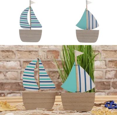 Produktbild von Deko-Segelboot Holz natur weiß türkis blau