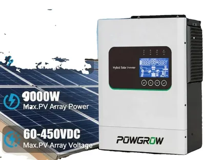 Immagine prodotto di Inverter ibrido solare, 5000W, 24V, potenza di picco 10 kVA, tensione MPPT 60-450V, dimensioni 44,50 x 38,50 x 16,50 cm