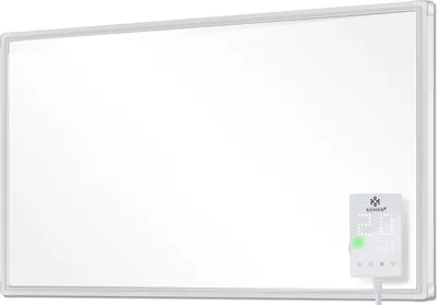 A white infrared heater mounted on a wall, with a small digital display showing the temperature.