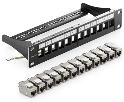 Immagine prodotto di Set di pannelli patch CAT7 deleyCON, 12 porte, 10 pollici, 1U, 10 Gbit/s - Nero (RAL 9005, nero profondo)