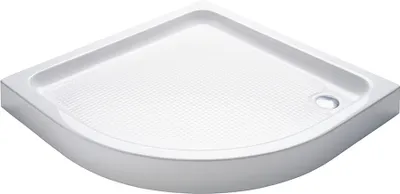 A white corner shower tray with a textured surface and a drain hole.