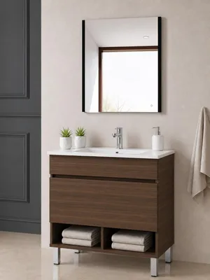 ORIGEN BATH NEBARI Badmöbel mit Füßen und Waschbecken 90x45 cm, Tea-Esche, Immagine generata dall'IA
