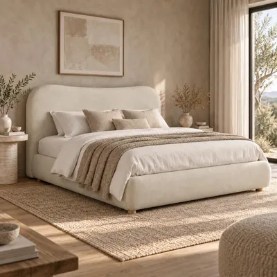 Productafbeelding van okwish Boxspring 160x200 met bedopslag, gestoffeerd hoofdeinde en lattenbodem, tweepersoonsbed met massief houten poten, chenille, beige, zonder matras, AI-gegenereerde afbeelding