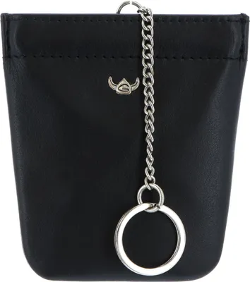 A black leather coin purse with a silver chain and keyring.