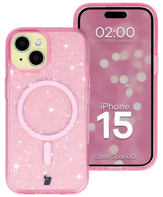 Produktbild von Glitzer Hülle mit Magnetring für iPhone 15, Bizon Case SparklO, Transparent-Rosa mit Glitzer