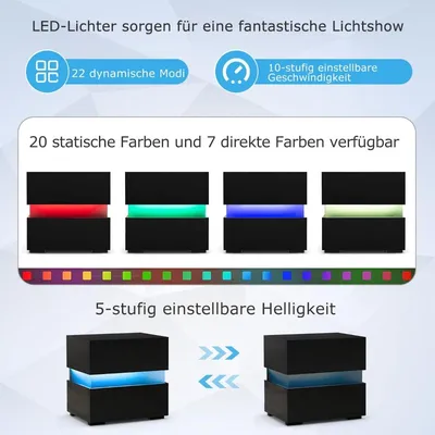 Zdjęcie produktu dla Zestaw stolików nocnych LED, 2 szuflady, czarny, pilot