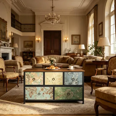Produktbild von Flurschrank mit 5 Schubladen 100x30cm chic Aufbewahrungsschrank Kommoderschrank Stoffschubladen Vintage Mehrzweckschrank TV-Kommode Seitenschrank