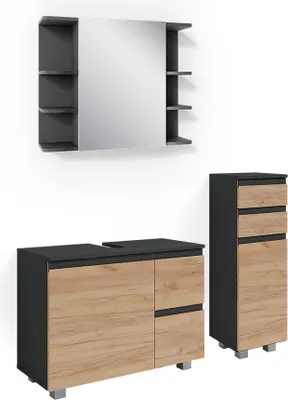 A set of bathroom furniture including a mirror cabinet, a vanity unit, and a tall cabinet, displayed against a white background.