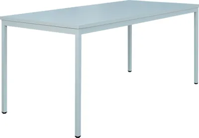 A light gray rectangular table with four legs, shown from a slightly elevated side angle against a white background.
