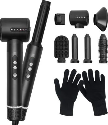 Produktbild von AIORBER Sieben-in-Eins Multifunktions Heißluft Kamm mit Handschuhen, automatischer Lockenwickler, Föhnbürste, Glättbürste, Föhn und Lockenstab, Schwarz