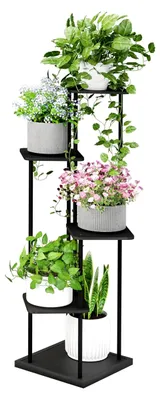 Produktbild von 5-stöckiger Pflanzenständer, Blumenständer 106 cm, Blumentreppe aus Holz und Metall, Deko für Balkon, Garten, Wohnzimmer und Büro, Schwarz