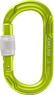 Oval Power 2500 Schraubkarabiner von Edelrid in leuchtendem Grün mit Sicherheitsverschluss.