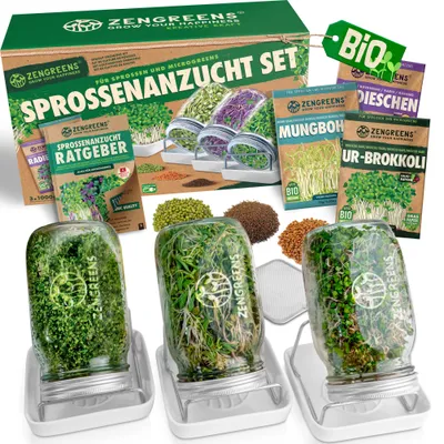 Produktbild von ZenGreens® Keimglas Set mit 3 Gläsern 1 L, Ständern, Schalen & Keimsaat